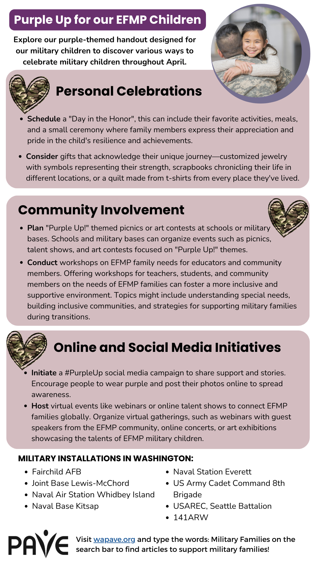 Handout celebrating military children to discover various ways to celebrate military children throughout April.